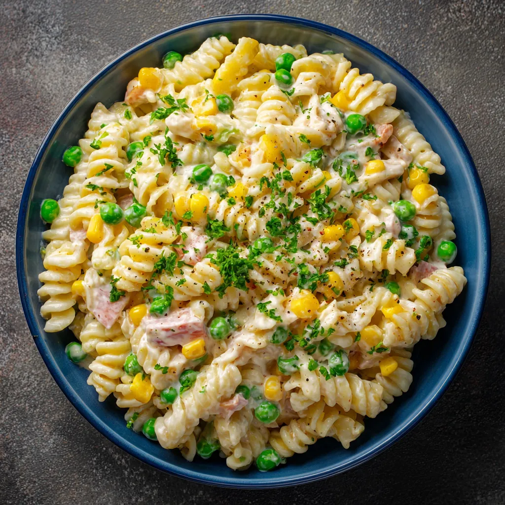 salade de pâtes crémeuse aux légumes frais et fromage