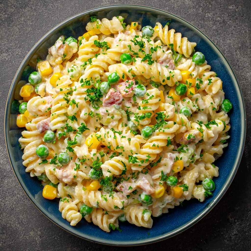 salade de pâtes crémeuse aux légumes frais et fromage
