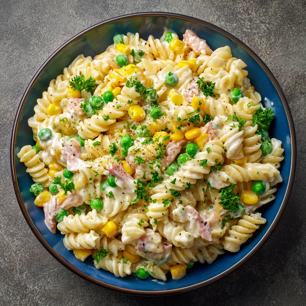 salade de pâtes crémeuse aux légumes frais et fromage