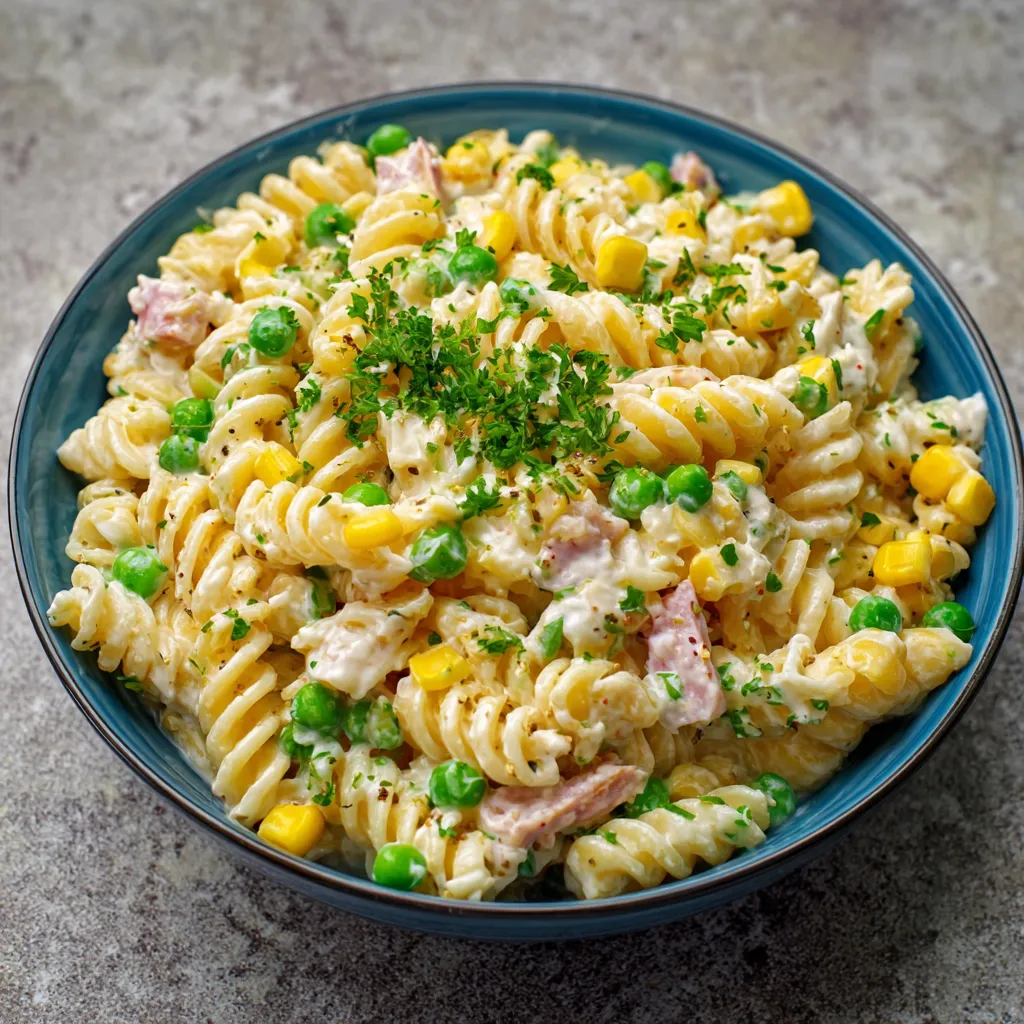 salade de pâtes crémeuse aux légumes frais et fromage
