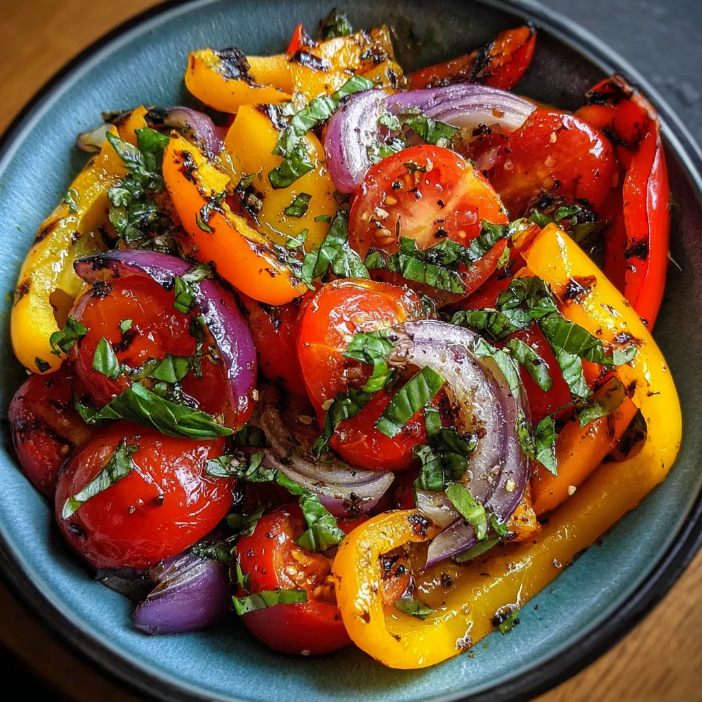 Salade de poivrons grillés et tomates servie dans un bol avec du basilic frais