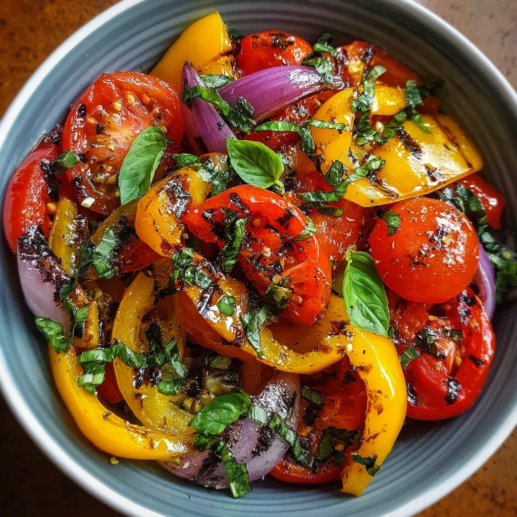 Salade de poivrons grillés et tomates servie dans un bol avec du basilic frais