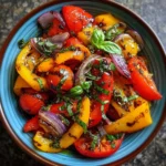 Salade de poivrons grillés et tomates servie dans un bol avec du basilic frais