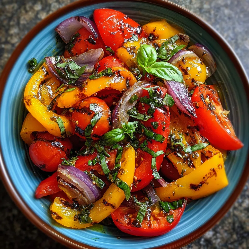Salade de poivrons grillés et tomates servie dans un bol avec du basilic frais
