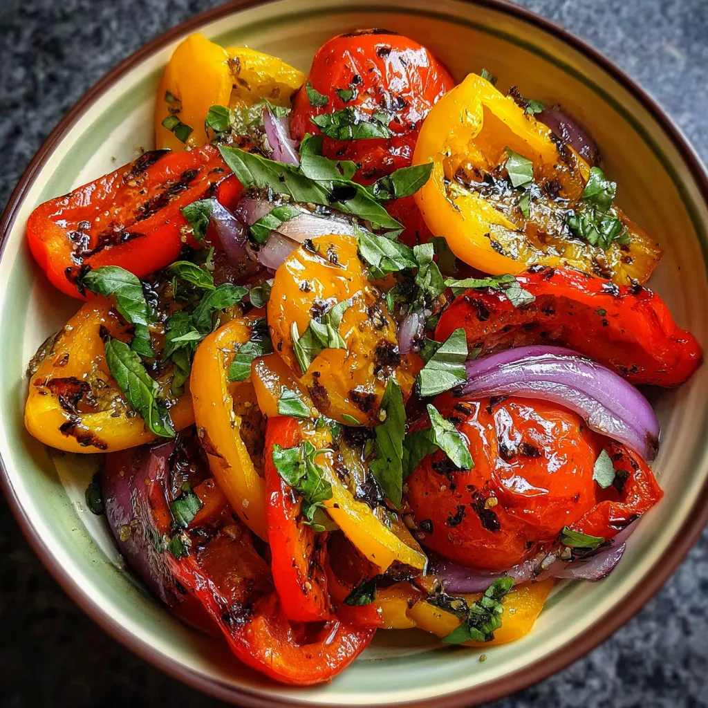Salade de poivrons grillés et tomates servie dans un bol avec du basilic frais