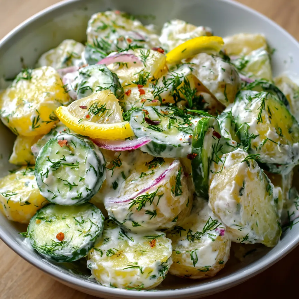 Salade de pommes de terre, concombre et yaourt citronné servie dans un grand saladier avec des herbes fraîches