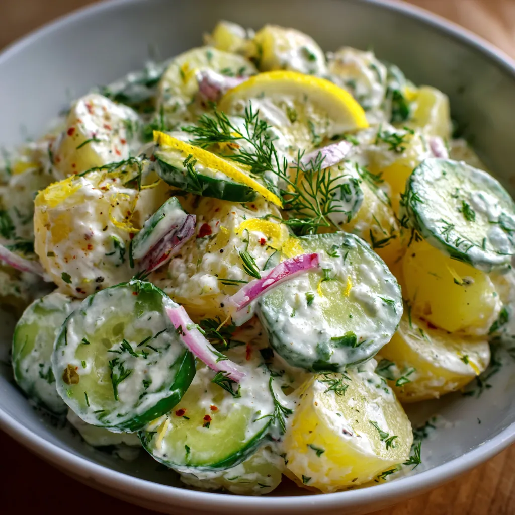 Salade de pommes de terre, concombre et yaourt citronné servie dans un grand saladier avec des herbes fraîches