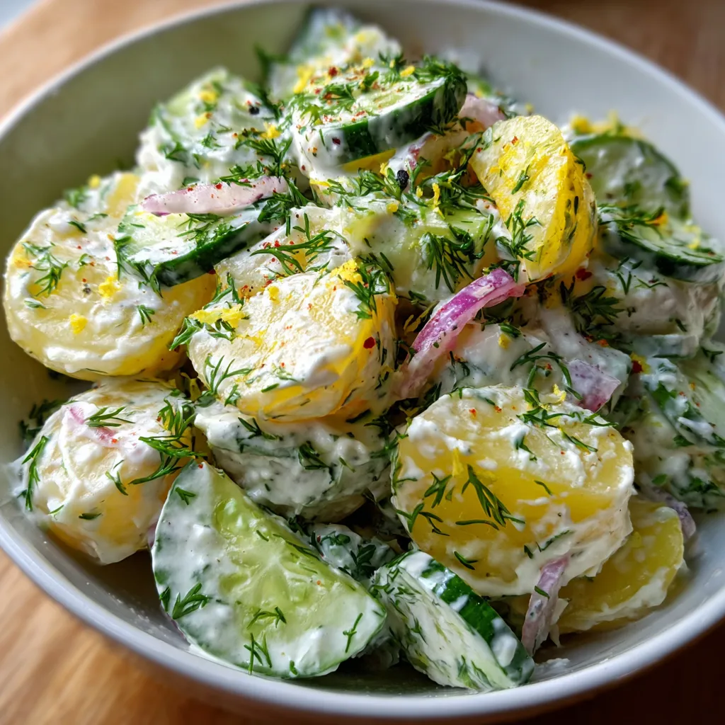 Salade de pommes de terre, concombre et yaourt citronné servie dans un grand saladier avec des herbes fraîches