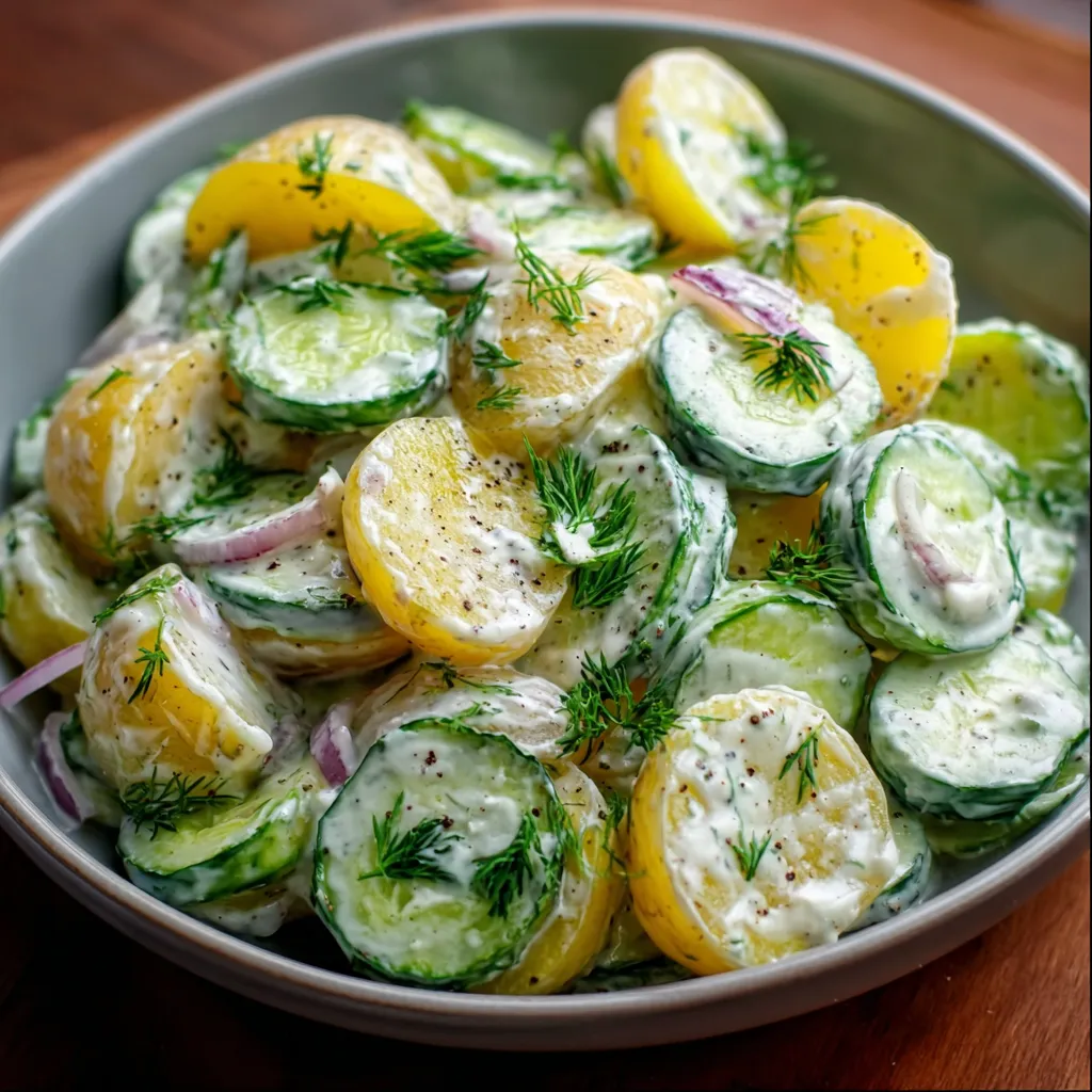 Salade de pommes de terre, concombre et yaourt citronné servie dans un grand saladier avec des herbes fraîches