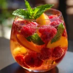 Verres de sangria rosée garnis de pêches, framboises et feuilles de menthe fraîche