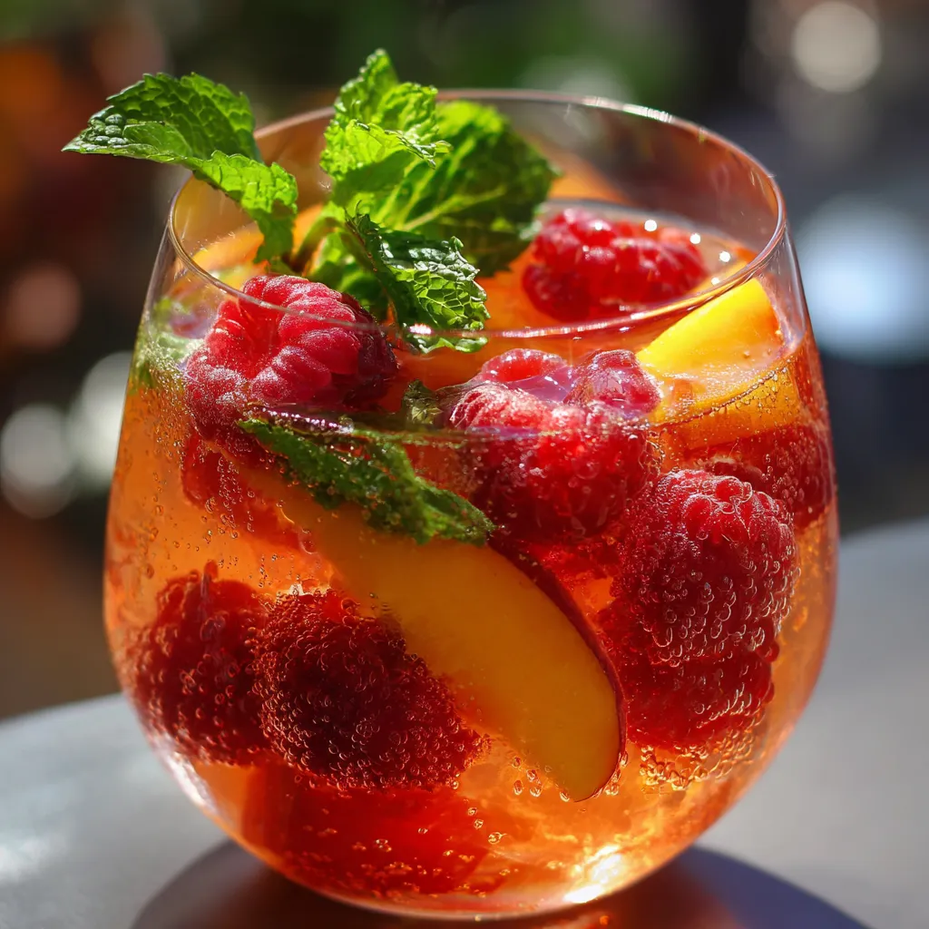 Verres de sangria rosée garnis de pêches, framboises et feuilles de menthe fraîche