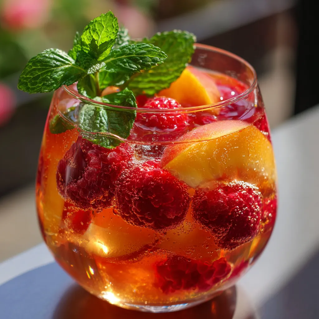 Verres de sangria rosée garnis de pêches, framboises et feuilles de menthe fraîche
