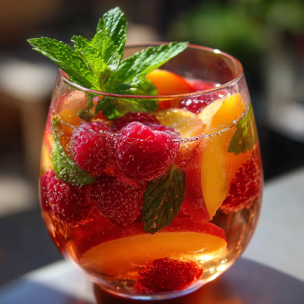 Verres de sangria rosée garnis de pêches, framboises et feuilles de menthe fraîche