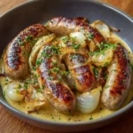 Saucisses à la moutarde et aux oignons servies dans une poêle avec sauce crémeuse et oignons caramélisés