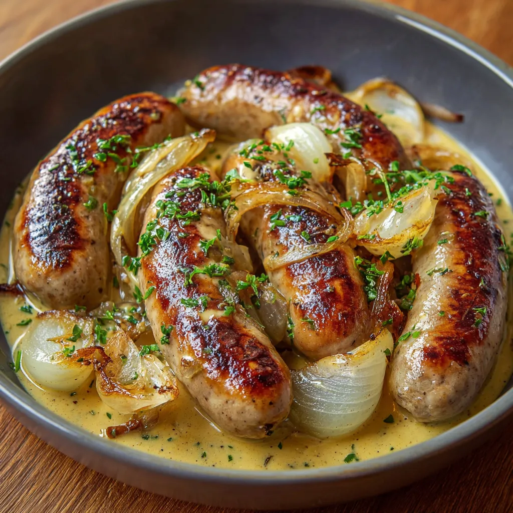Saucisses à la moutarde et aux oignons servies dans une poêle avec sauce crémeuse et oignons caramélisés