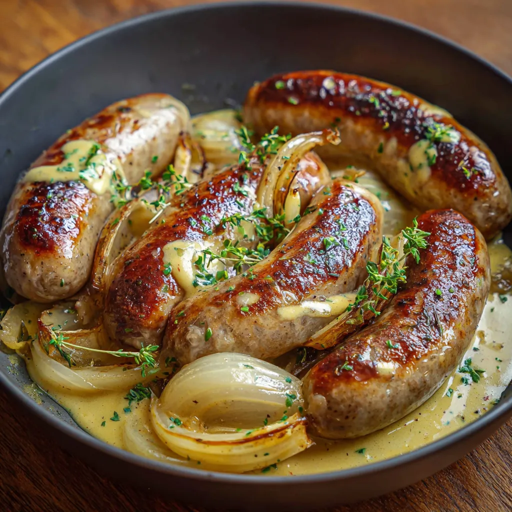 Saucisses à la moutarde et aux oignons servies dans une poêle avec sauce crémeuse et oignons caramélisés