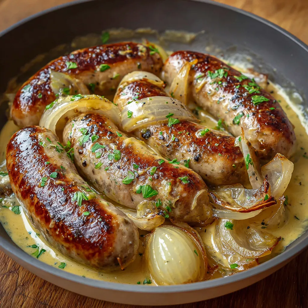Saucisses à la moutarde et aux oignons servies dans une poêle avec sauce crémeuse et oignons caramélisés