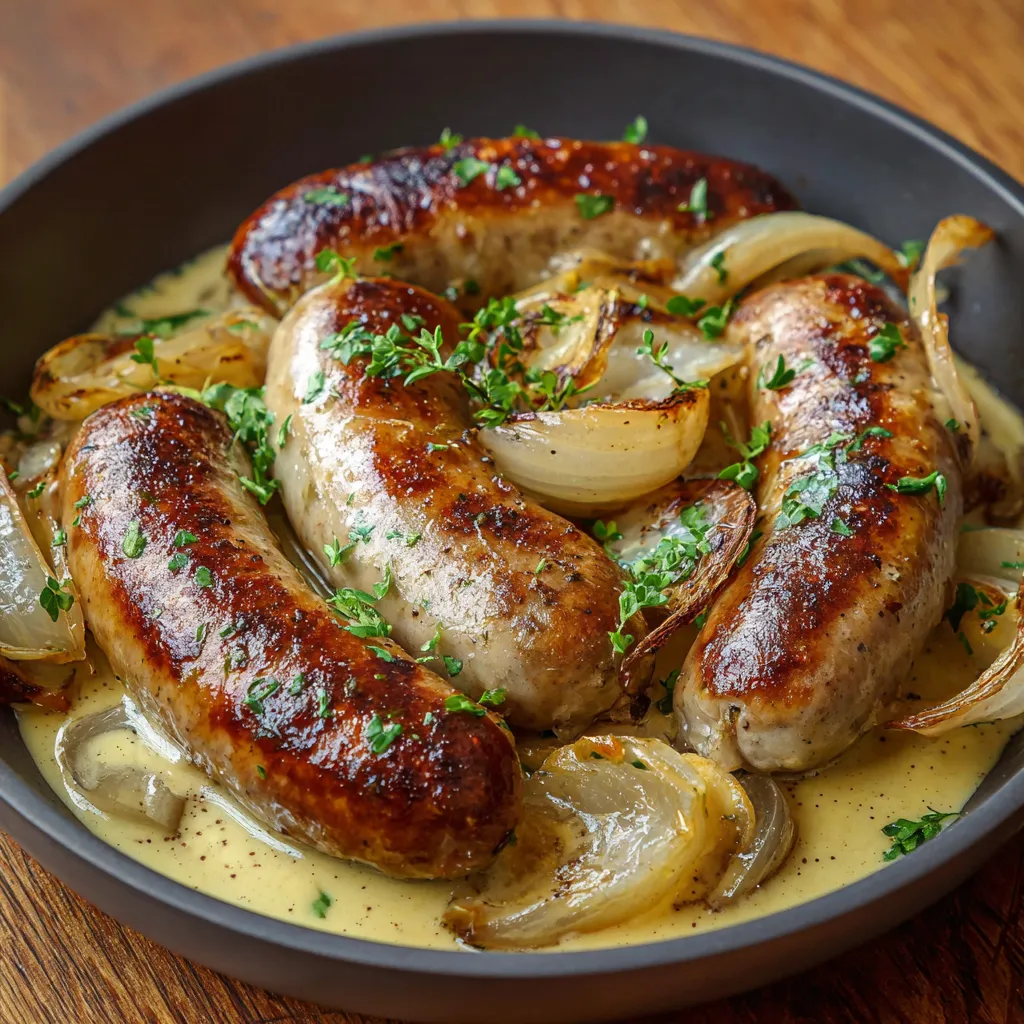Saucisses à la moutarde et aux oignons servies dans une poêle avec sauce crémeuse et oignons caramélisés