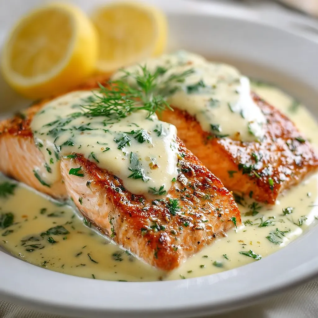 Saumon au four dans un plat, nappé de crème au citron et décoré de rondelles de citron et d’aneth frais