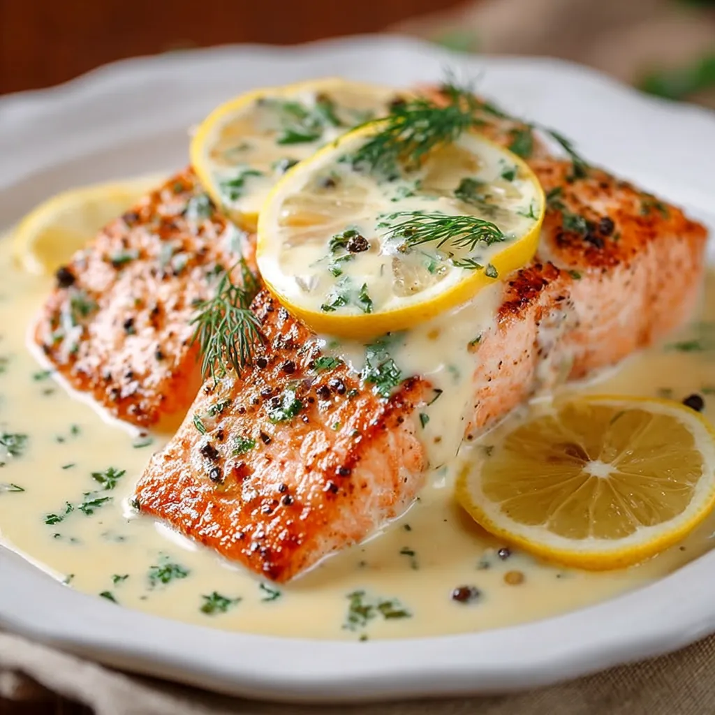 Saumon au four dans un plat, nappé de crème au citron et décoré de rondelles de citron et d’aneth frais