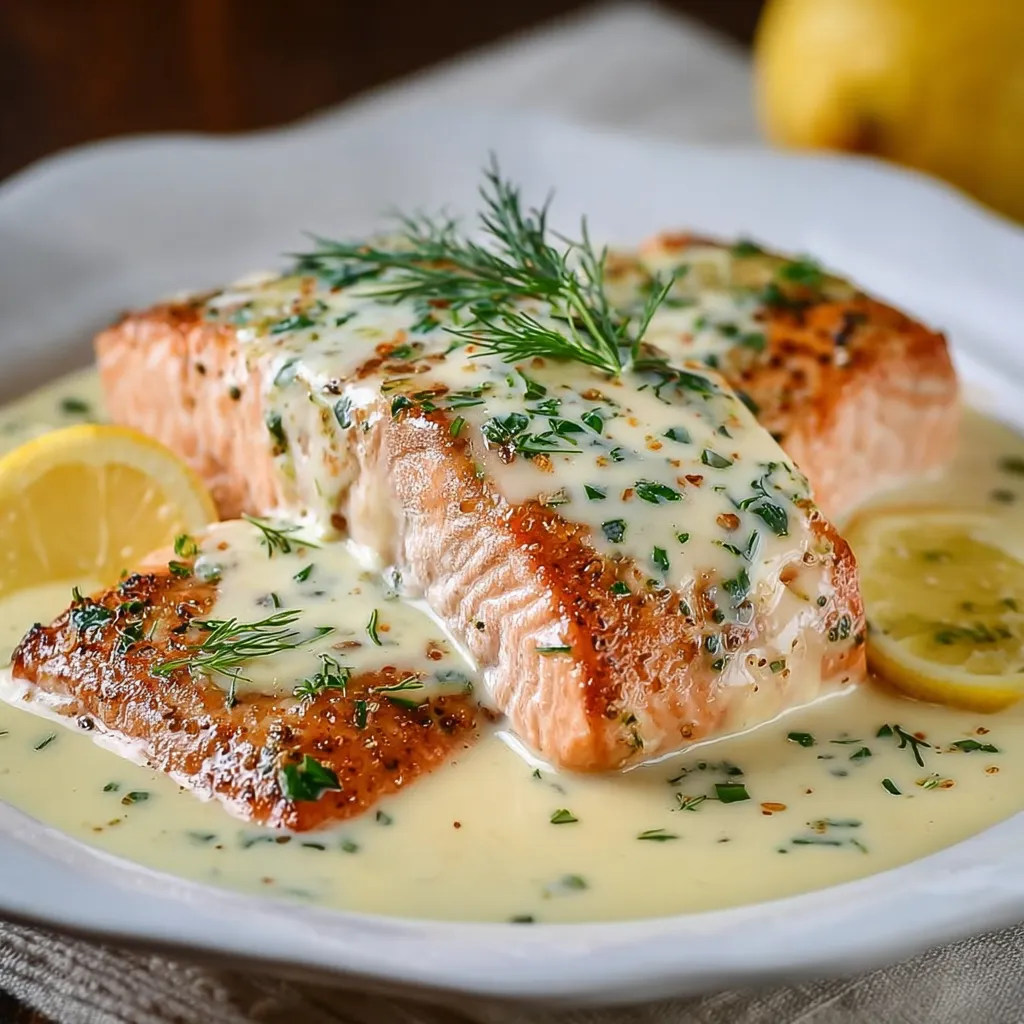 Saumon au four dans un plat, nappé de crème au citron et décoré de rondelles de citron et d’aneth frais