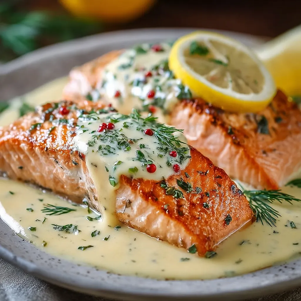Saumon au four dans un plat, nappé de crème au citron et décoré de rondelles de citron et d’aneth frais