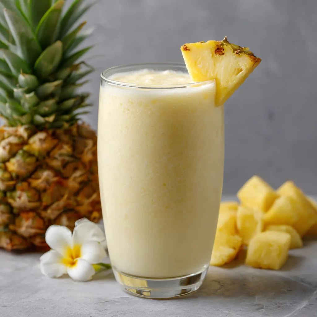 Smoothie Piña Colada servi dans un verre décoré avec tranche d’ananas