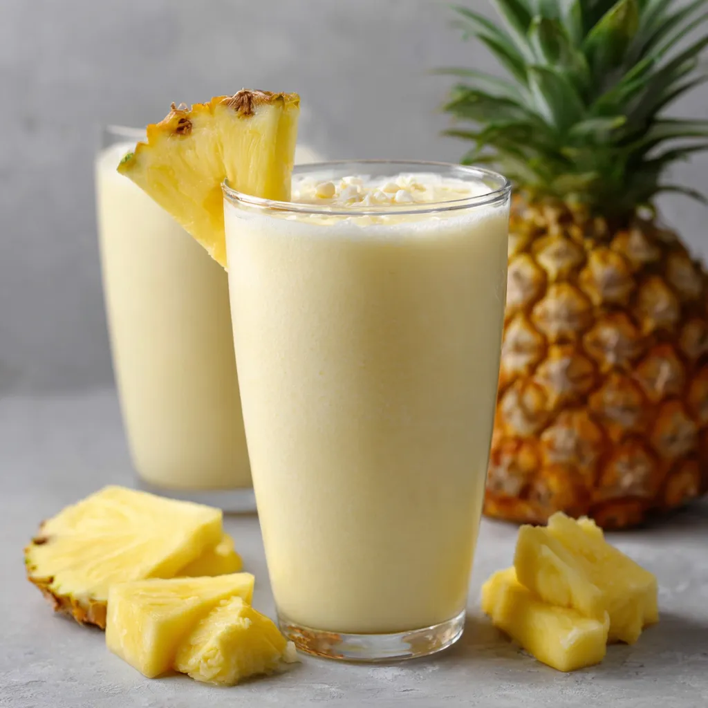 Smoothie Piña Colada servi dans un verre décoré avec tranche d’ananas