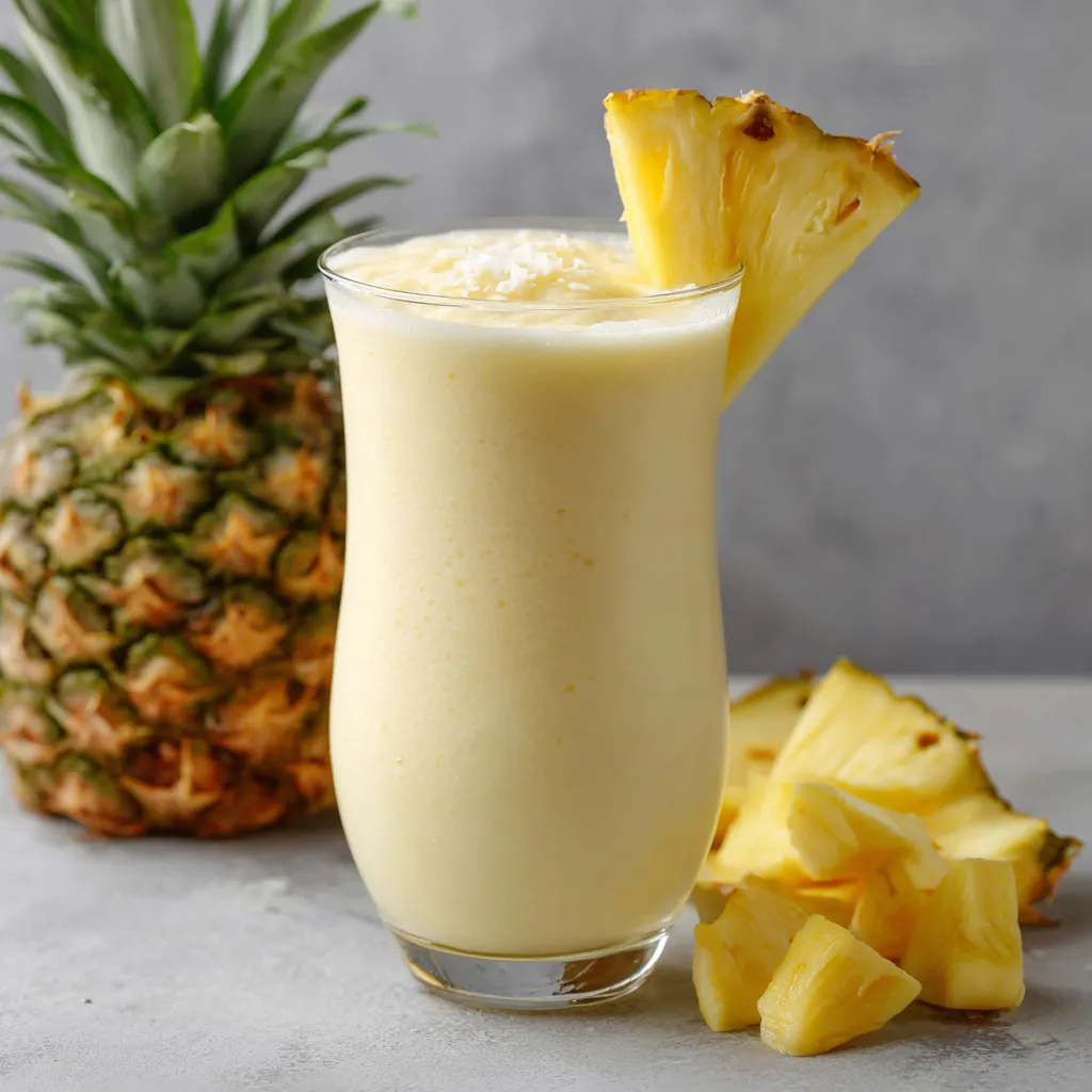 Smoothie Piña Colada servi dans un verre décoré avec tranche d’ananas