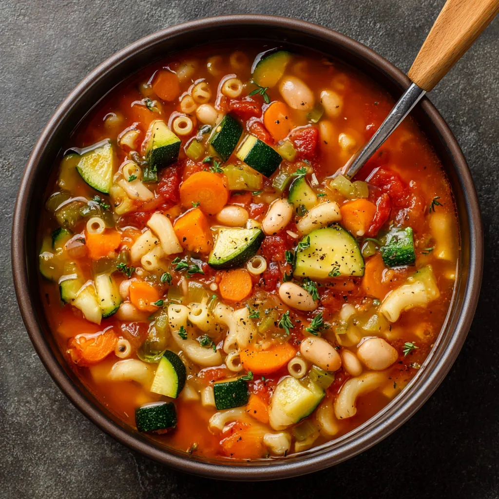 Bol de soupe minestrone aux légumes colorés et pâtes, servi chaud", "Description in image": "Une soupe minestrone aux légumes dans un bol blanc, garnie de persil frais et accompagnée de pain croustillant