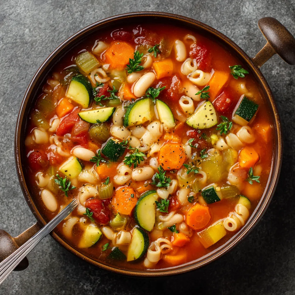 Bol de soupe minestrone aux légumes colorés et pâtes, servi chaud", "Description in image": "Une soupe minestrone aux légumes dans un bol blanc, garnie de persil frais et accompagnée de pain croustillant