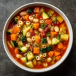 Bol de soupe minestrone aux légumes colorés et pâtes, servi chaud", "Description in image": "Une soupe minestrone aux légumes dans un bol blanc, garnie de persil frais et accompagnée de pain croustillant