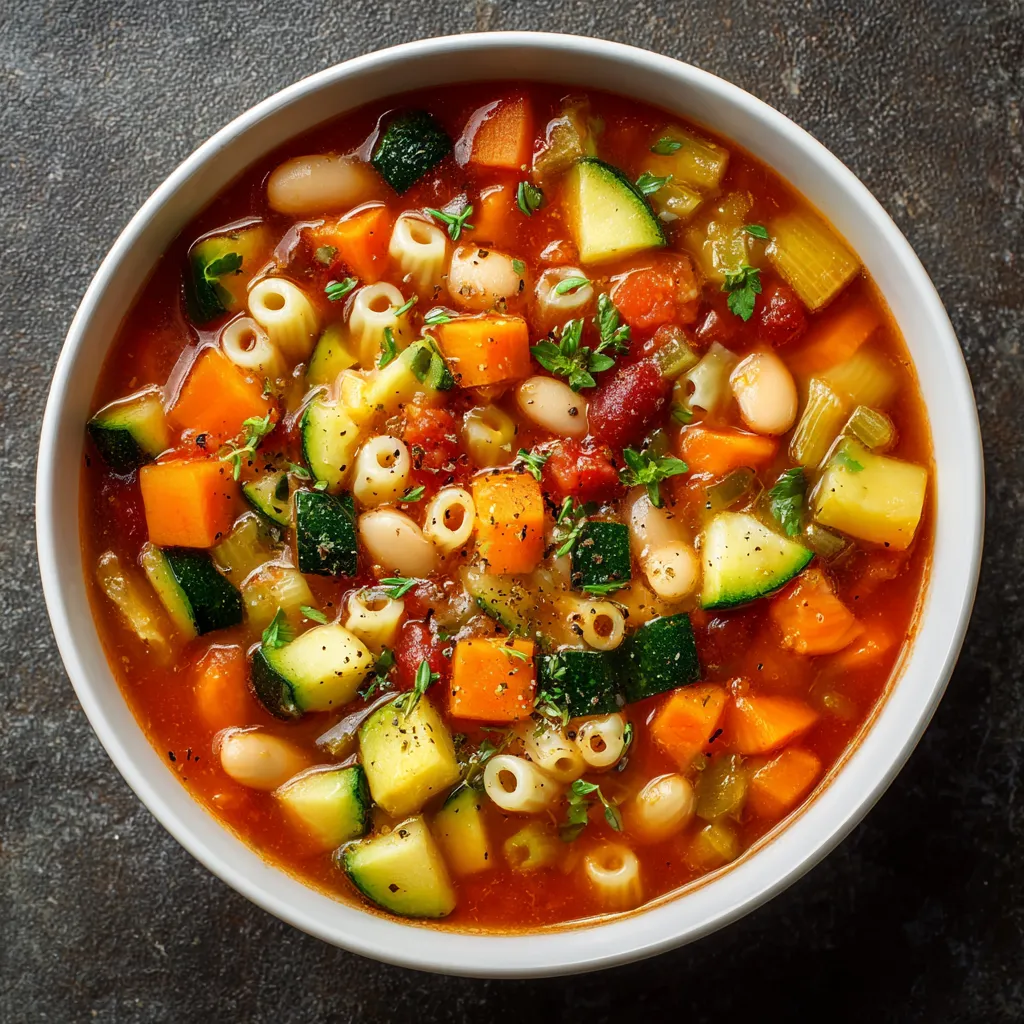 Bol de soupe minestrone aux légumes colorés et pâtes, servi chaud", "Description in image": "Une soupe minestrone aux légumes dans un bol blanc, garnie de persil frais et accompagnée de pain croustillant