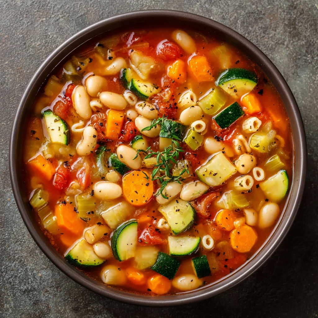 Bol de soupe minestrone aux légumes colorés et pâtes, servi chaud", "Description in image": "Une soupe minestrone aux légumes dans un bol blanc, garnie de persil frais et accompagnée de pain croustillant