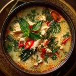 Soupe Thaï au Poulet, Basilic et Citron Vert dans un bol, garnie de feuilles de basilic frais