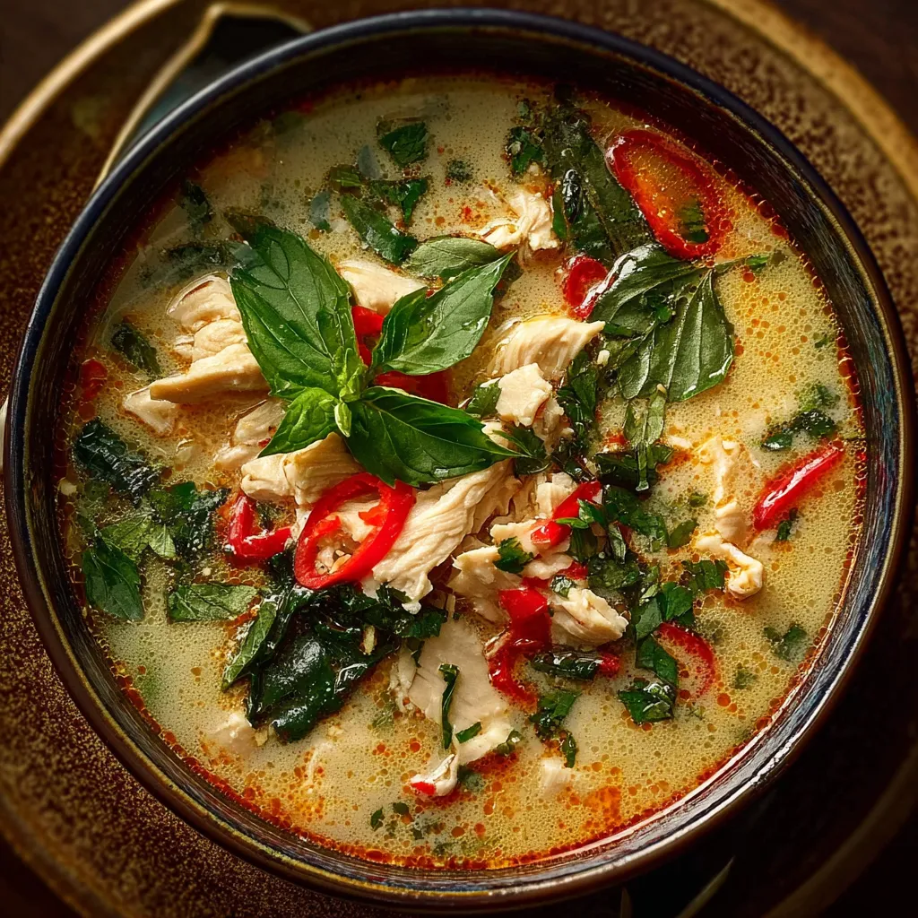 Soupe Thaï au Poulet, Basilic et Citron Vert dans un bol, garnie de feuilles de basilic frais