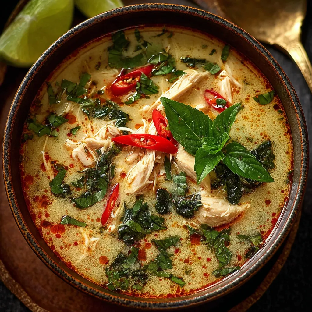 Soupe Thaï au Poulet, Basilic et Citron Vert dans un bol, garnie de feuilles de basilic frais