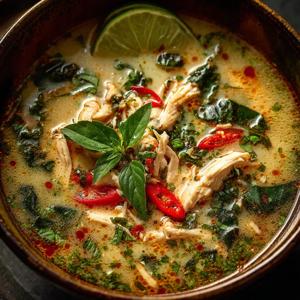 Soupe Thaï au Poulet, Basilic et Citron Vert dans un bol, garnie de feuilles de basilic frais