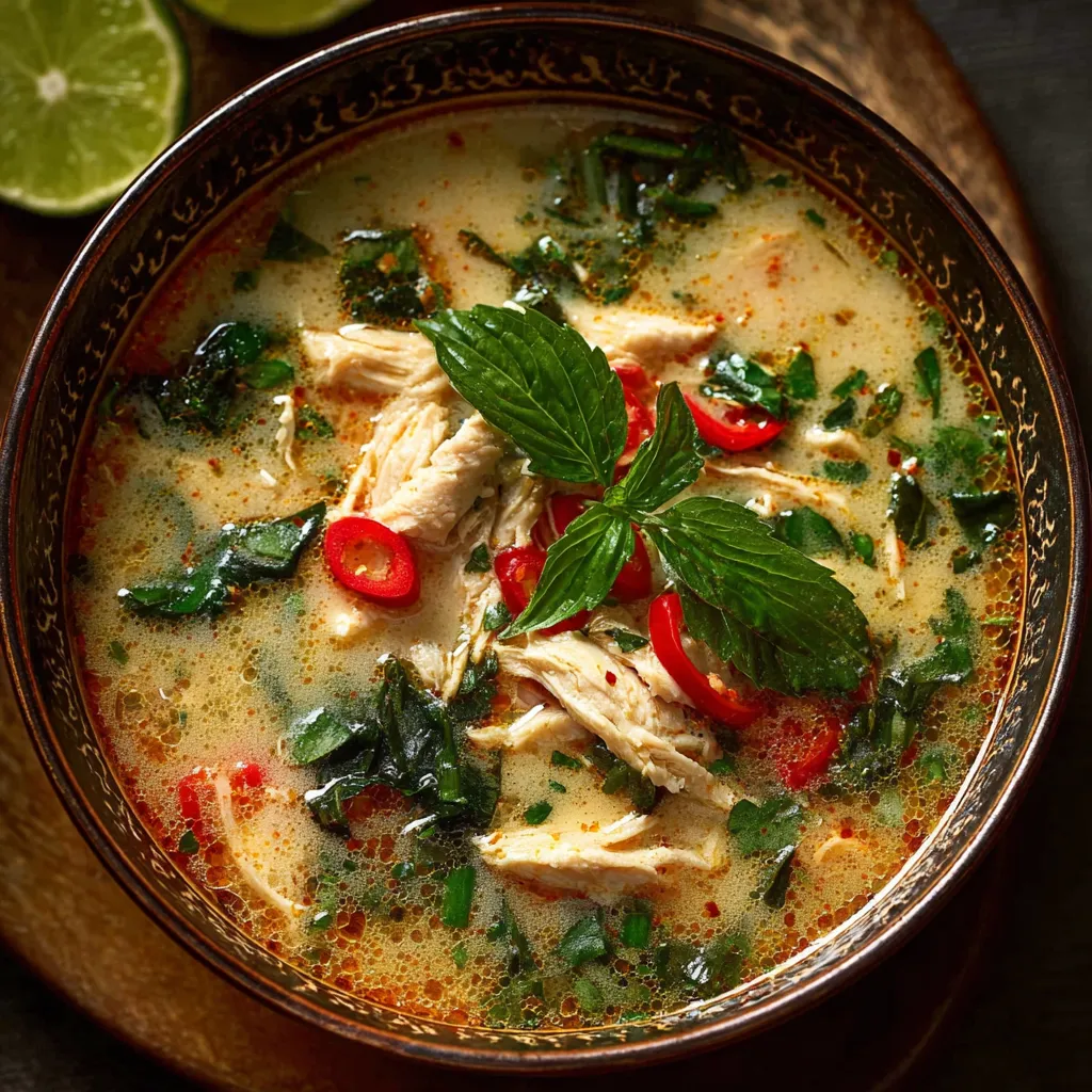 Soupe Thaï au Poulet, Basilic et Citron Vert dans un bol, garnie de feuilles de basilic frais