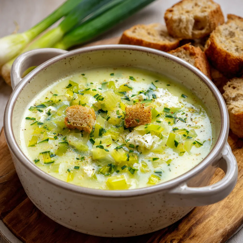 Bol de soupe de poireaux au Boursin crémeuse et servie chaude