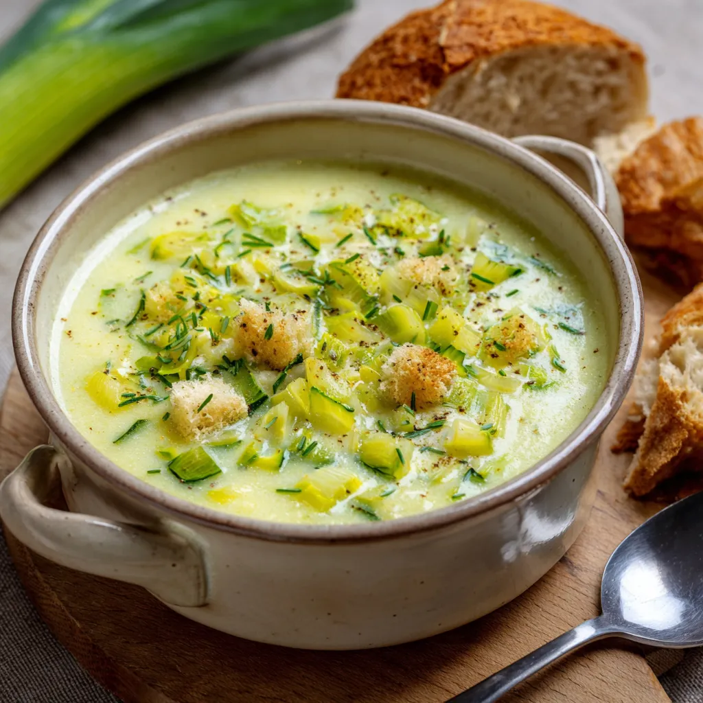Bol de soupe de poireaux au Boursin crémeuse et servie chaude