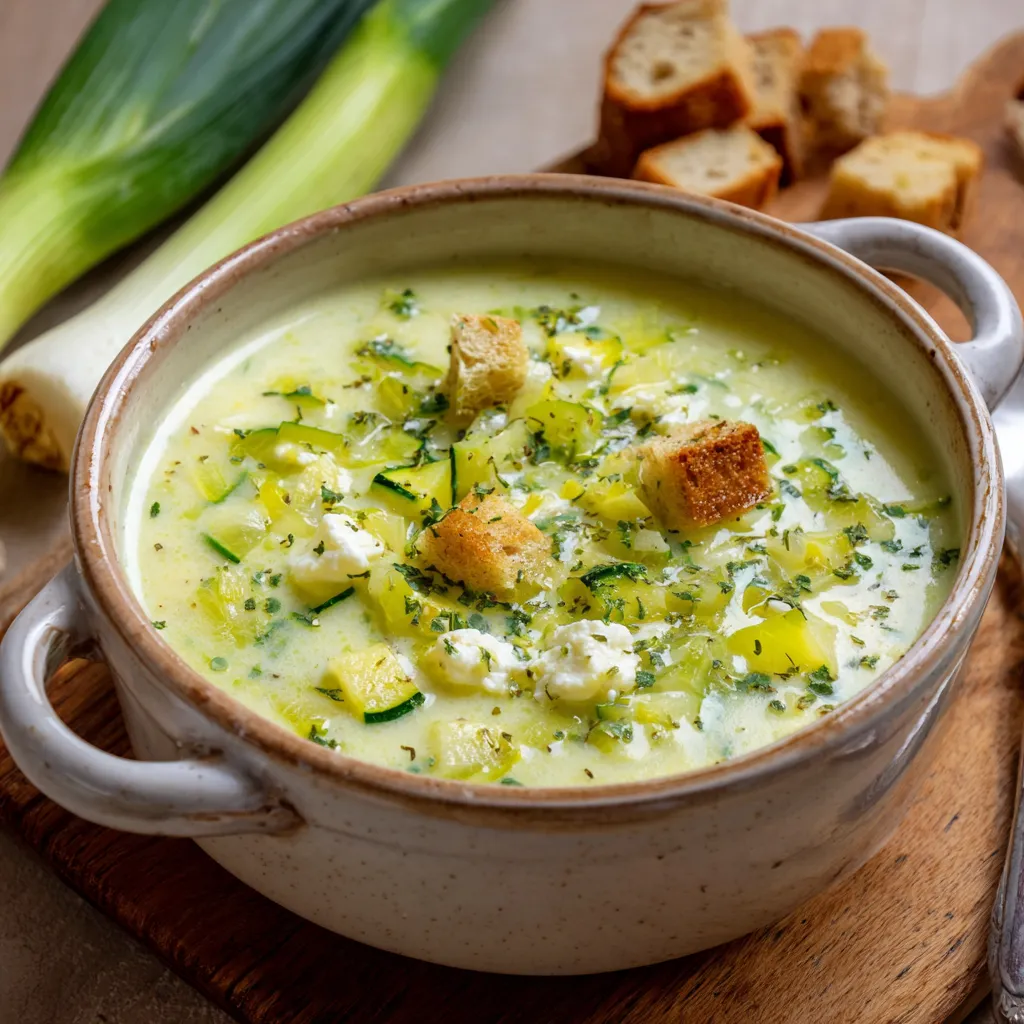 Bol de soupe de poireaux au Boursin crémeuse et servie chaude