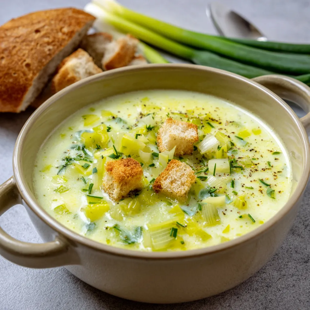 Bol de soupe de poireaux au Boursin crémeuse et servie chaude