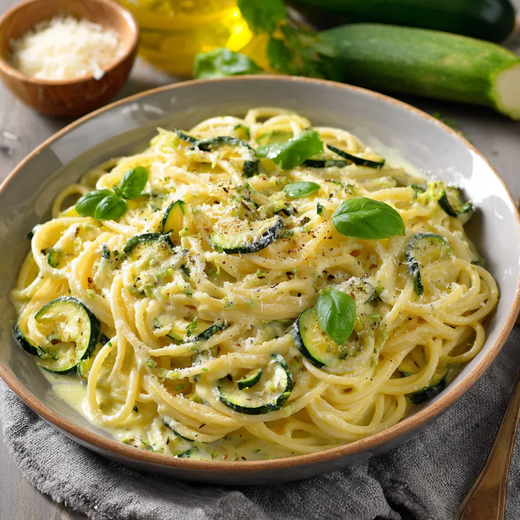 Assiette de spaghetti à la crème de courgette garnie de basilic frais