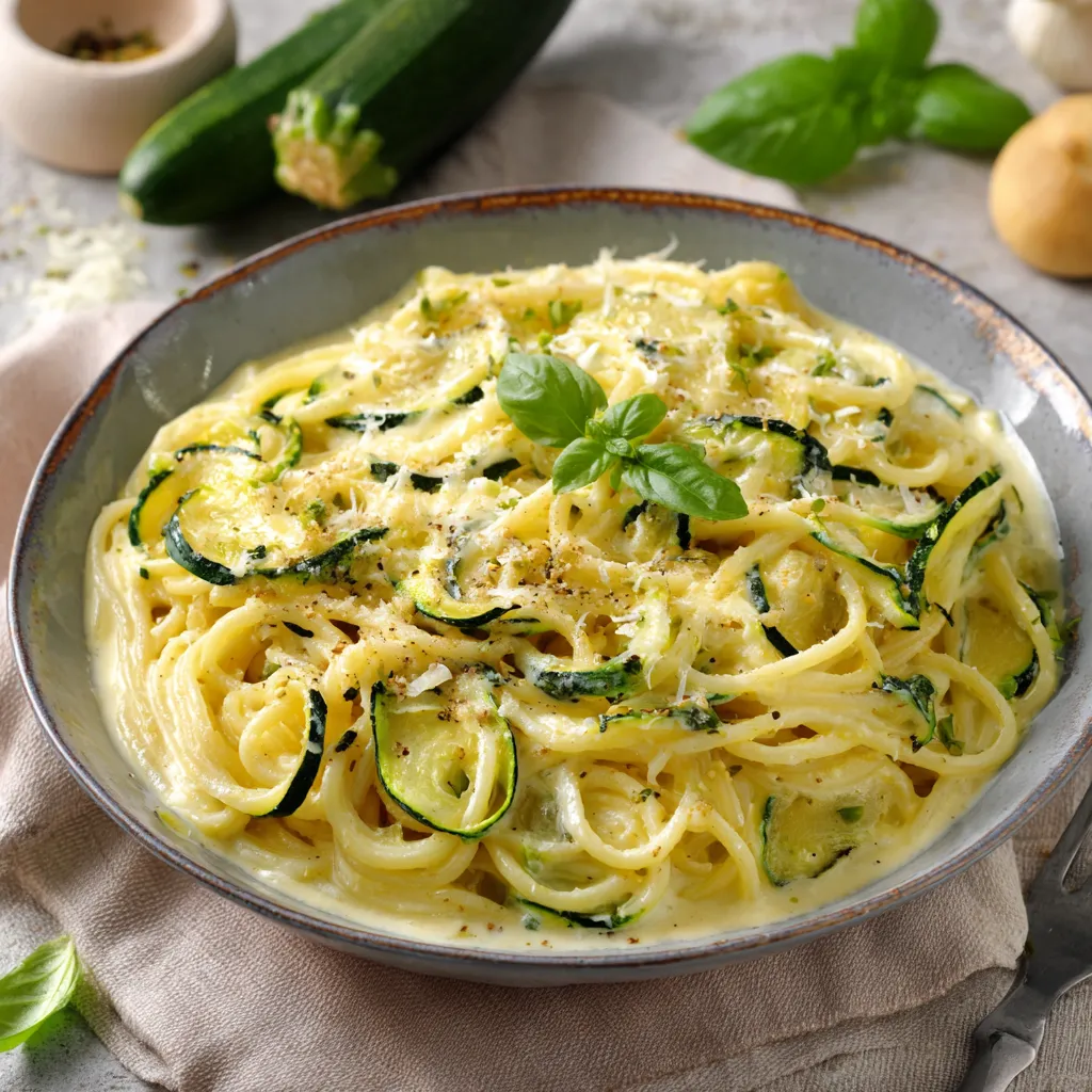 Assiette de spaghetti à la crème de courgette garnie de basilic frais