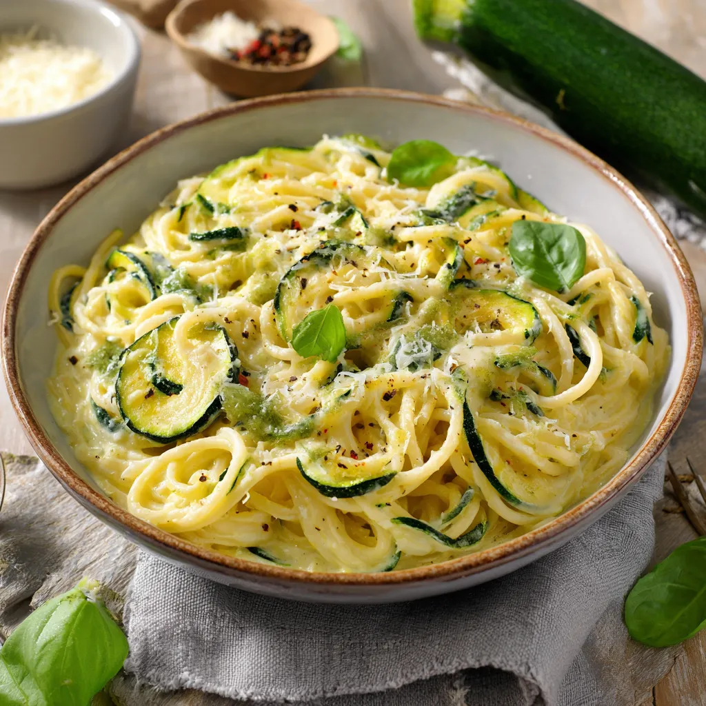 Assiette de spaghetti à la crème de courgette garnie de basilic frais