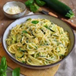 Assiette de spaghetti à la crème de courgette garnie de basilic frais