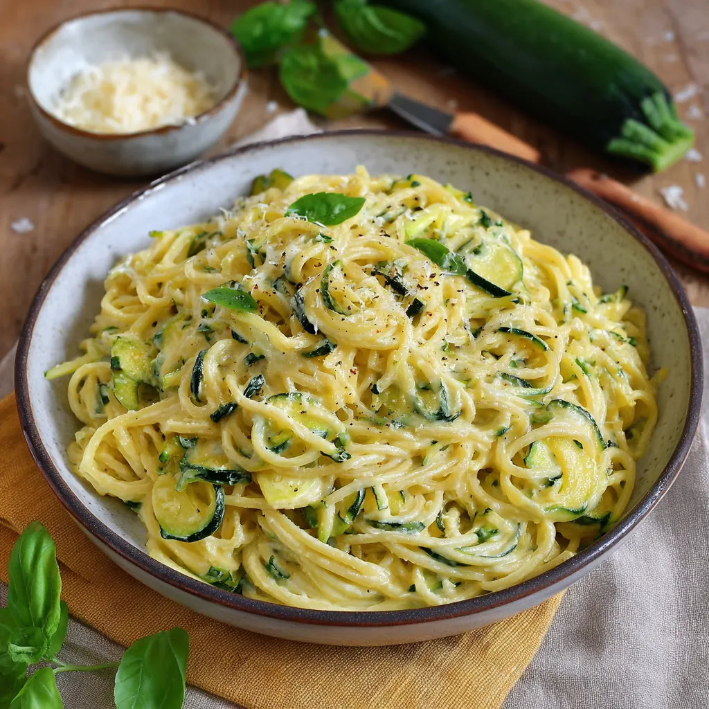 Assiette de spaghetti à la crème de courgette garnie de basilic frais