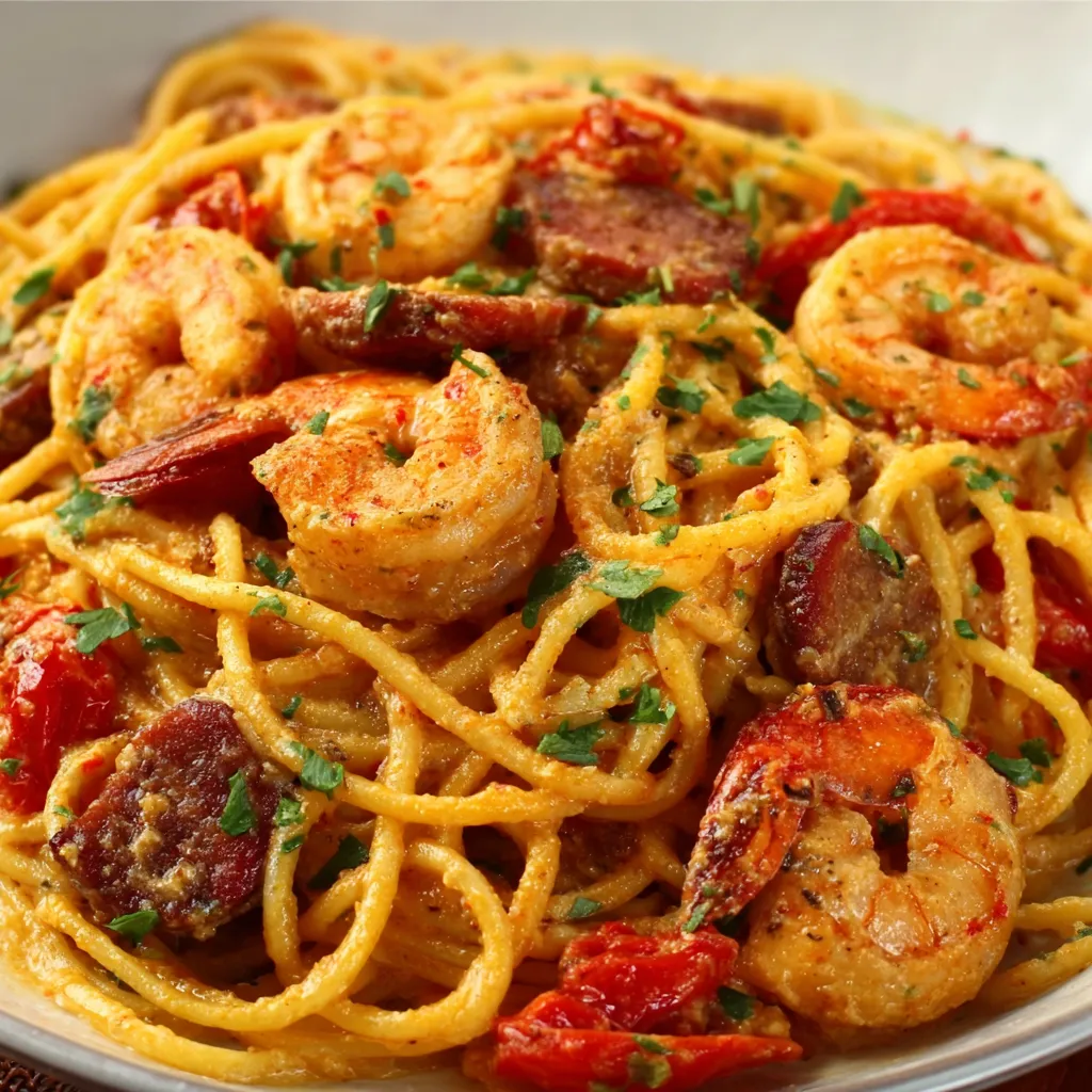 Spaghetti en sauce crémeuse aux poivrons, garnis de chorizo croustillant, bœuf haché et crevettes.