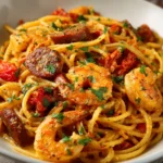 Spaghetti en sauce crémeuse aux poivrons, garnis de chorizo croustillant, bœuf haché et crevettes.